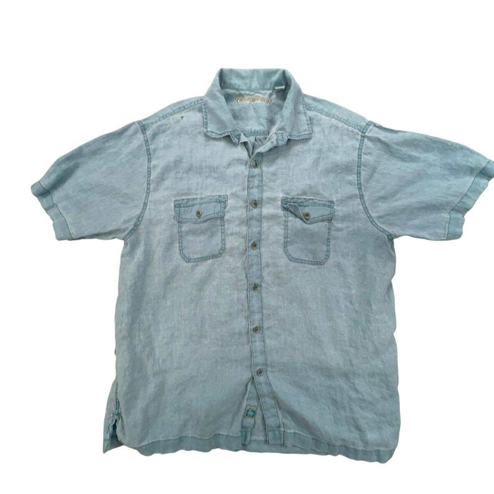 Y2k Caribbean Mens XL Blue Linen Short Sleeve Button Up‎ Camp Shirt